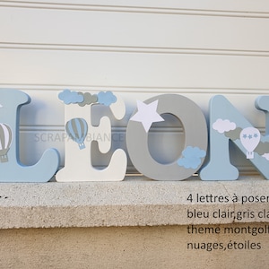 carta de madera, nombre de madera, carta de bebé, nombre personalizado, regalo de nacimiento, tema globo aerostático, nube, estrella