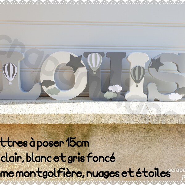 wooden letter or first name to place for baby room decoration, personalized letter with hot air balloon theme, clouds