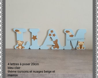 wooden first name letter, baby letter, personalized first name letter, birth gift, teddy bears and clouds star theme