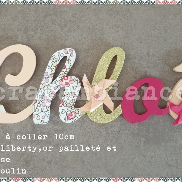 lettre en bois/plaque de porte /prénom à coller /cadeau naissance, lettre bébé, prénom minuscule et attaché THEME liberty et moulin à vent