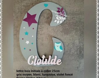initial wooden letter, child's first name, personalized, owls, nature, 100% handmade