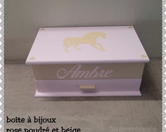 boîte à bijoux personnalisé en bois, coffret à bijoux, organisateur à bijoux: rose poudre et beige thème cheval