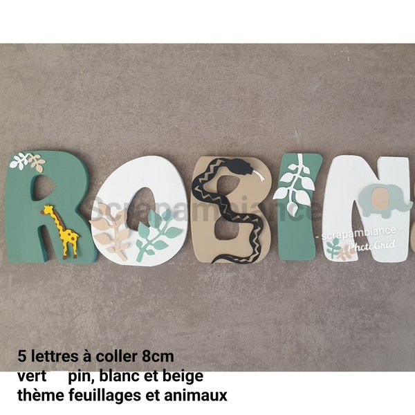 wooden first name letter, baby room letter, bedroom decoration letter, personalized wooden first name with animal and jungle theme