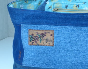 Turquoise denim patchwork blauwe denim cabanel met twee zakken