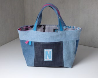 Small blue patchwork denim basket, N, fashion patterns