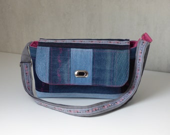 Mininel: small patchwork blue denim handbag Mini-cabanel shoulder strap Strawberries