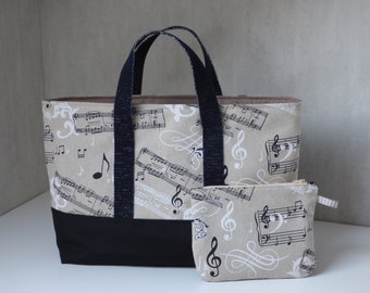 Tote bag in pretty Music fabric and its zipped pocket