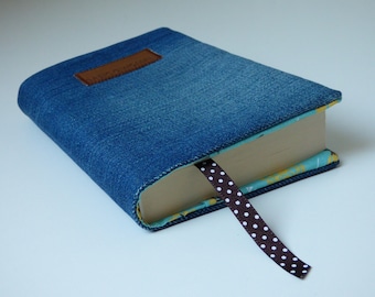 Pocket book cover in recycled blue denim Turquoise interior with flowers