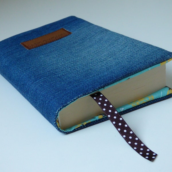 Protège-livre de poche en jean bleu recyclé  Intérieur turquoise à fleurs