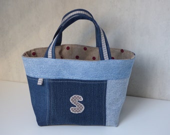 Klein blauw denimmandje met patchwork, S, linnen met stippen