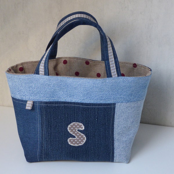 Petit panier en jean patchwork bleu, S, Lin à pois