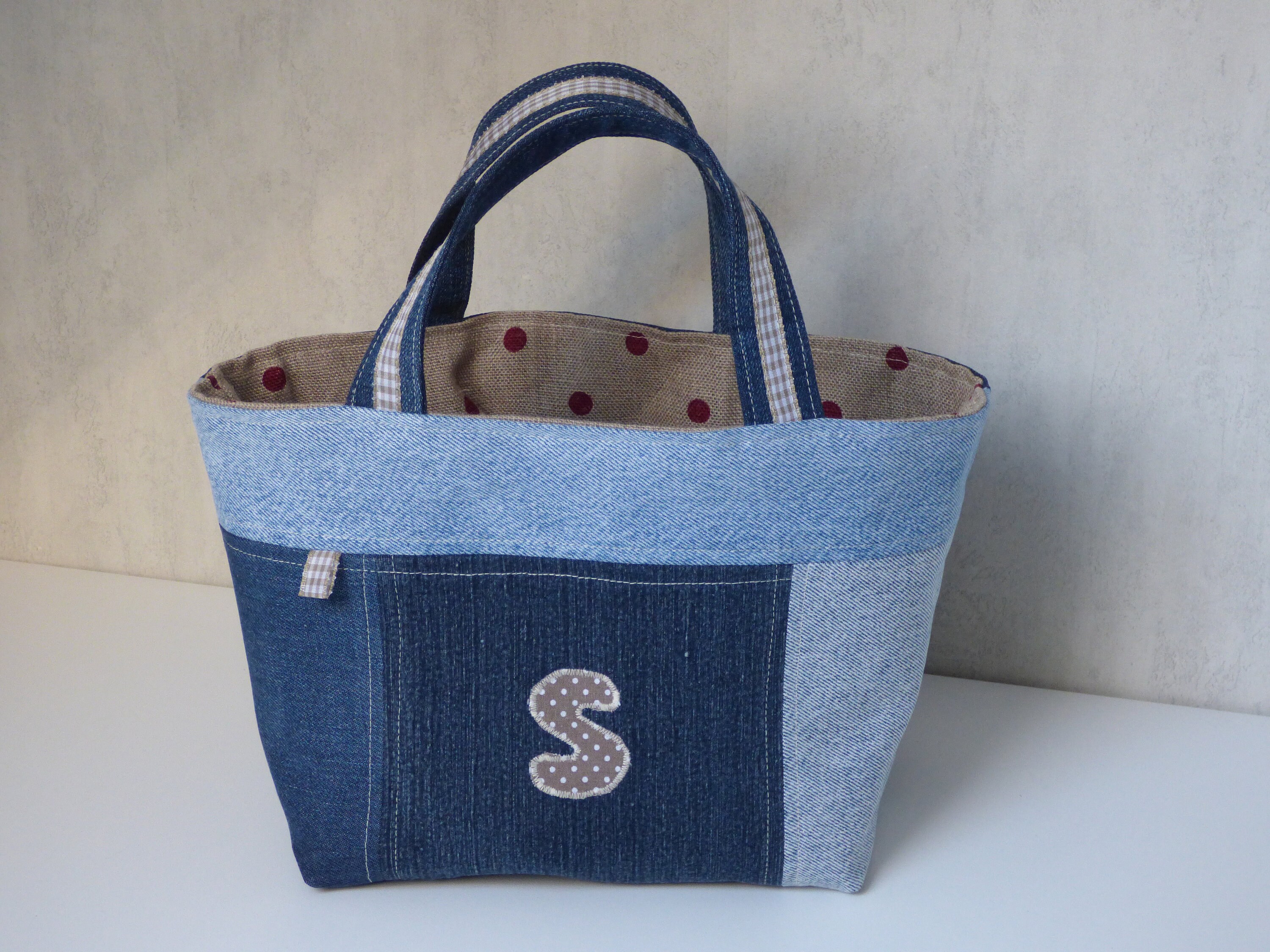Small blue patchwork denim basket, S, Polka dot linen