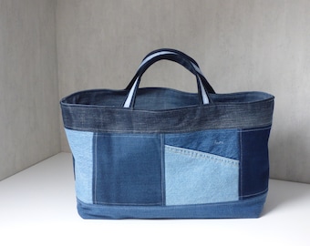 Cabanel van gerecycled blauw patchworkdenim, eenvoudig en sober