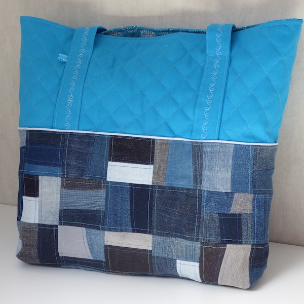 Très Grand sac cabas turquoise et jean patchwork