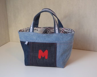 Petit panier en jean patchwork bleu, M, Motifs Hôtels de luxe