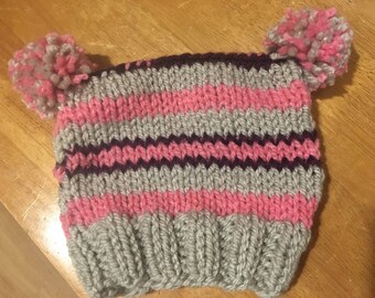 Hand knit double pom pom infant hat