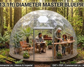 May include: A clear geodesic dome structure with a 4m (13.1ft) diameter, featuring a hexagonal frame pattern and a rectangular entrance. The interior includes wooden furniture, a desk, and chairs. Text reads 4m (13.1ft) DIAMETER MASTER BLUEPRINTS.