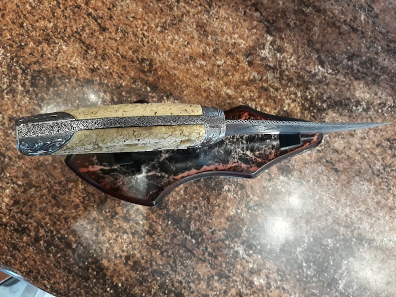 Graverad jaktkniv, handgjord örnklinga, displayställ bild 7
