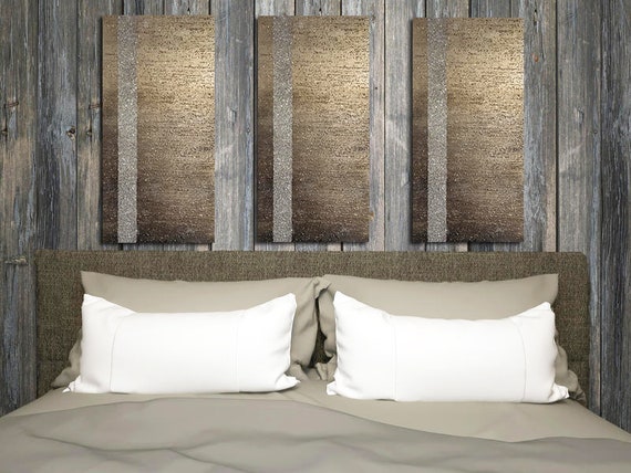Glitter Modern Wall Art Set Of Three Original Painting Glass Bead Silver Shards Bronze Gold And Silver 24x12