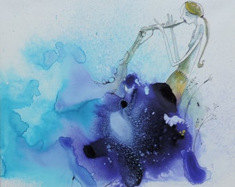 Peinture a l'acrylique aquarelle et encre bleu clair & foncé, dessin au stylo noir. Illustration bleue d'une musicienne saxophoniste blonde