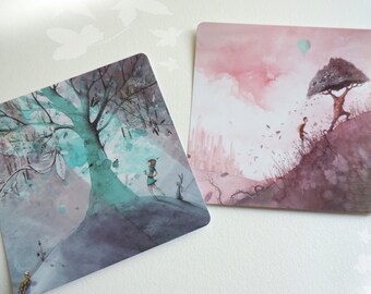 Set of two square postcards - Images from Loren Bes youth book illustrations. 15 x 15 cm. Rounded edges