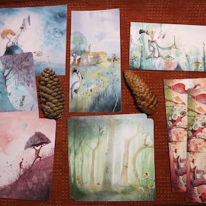 Stapel von 10 mittelgroßen Postkarten - lang oder quadratisch: Verschiedene Bilder aus Jugendbüchern oder Gemälden, Zeichnungstechnik, Aquarell