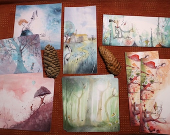 Lot de 10 moyennes cartes postales - longues ou carrées: Images diverses issues de livres jeunesses ou tableaux, Technique dessin, aquarelle