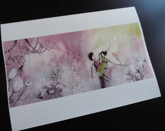 Illustration printing (drawing, watercolor and ink) - Print - A4 format - meeting between a child and a tightrope walker - "On a thread"