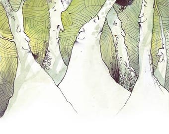 Illustration printing (drawing, watercolor and ink) - A4 format - The forest "at the end of the world" is populated by strange smiling trees