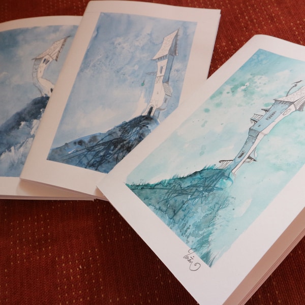 3 petits carnets A5 avec couverture illustrée par Loren Bes, 20 pages blanches - Monochromatique bleu, peinture acrylique, encre & aquarelle