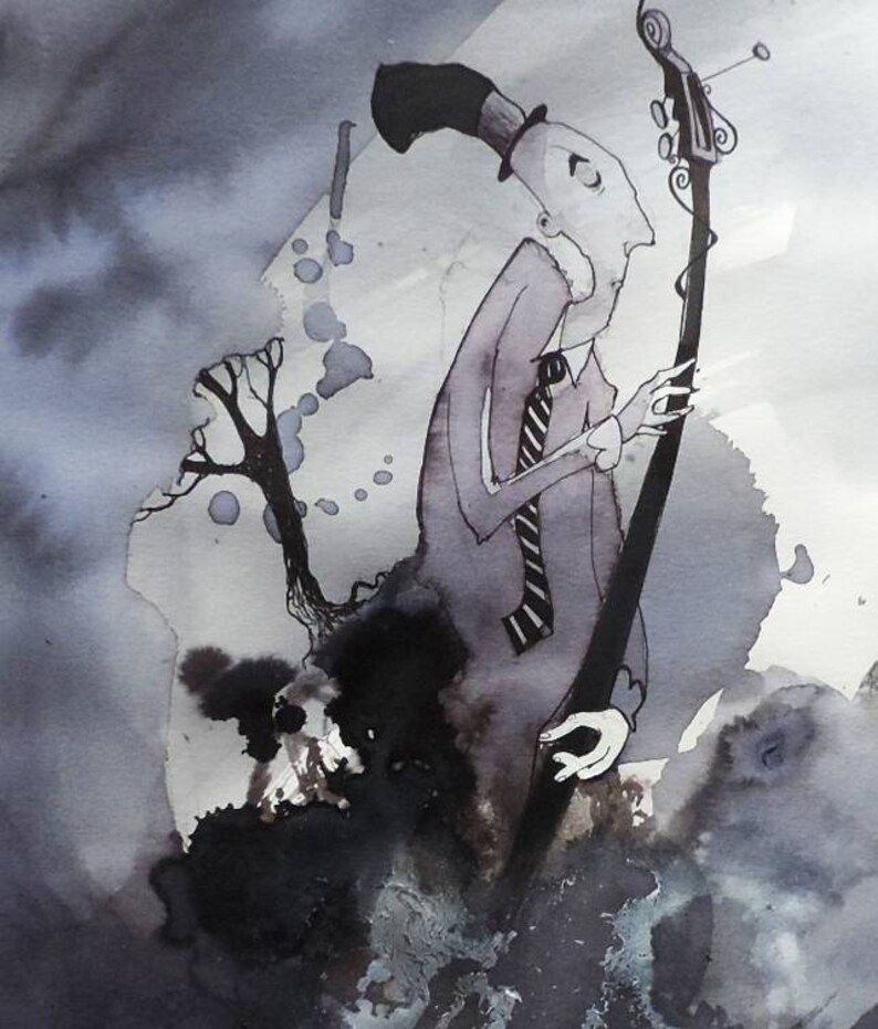 Peinture noir et blanc, à l'aquarelle et encre de Chine. Illustration d'un musicien contrebassiste mélancolique et d'une branche d'arbre. image 2