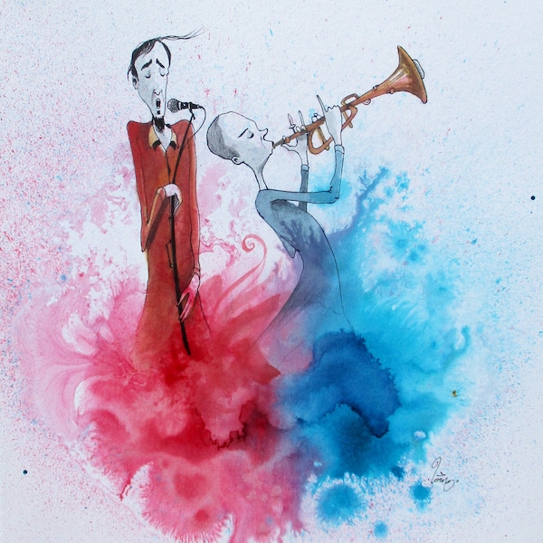 Peinture d'une image illustration à l'aquarelle et encre bleue rouge - Duo de personnages musiciens de Jazz: un chanteur et un trompettiste.