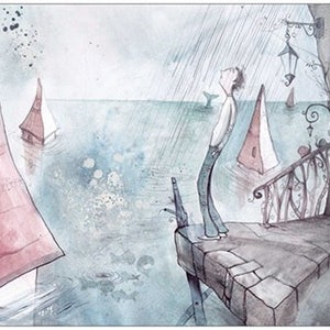 Grande carte postale - image issue du projet "Dans le ventre de la baleine" - homme mélancolique, toits rouge, mer, ciel, lampadaire