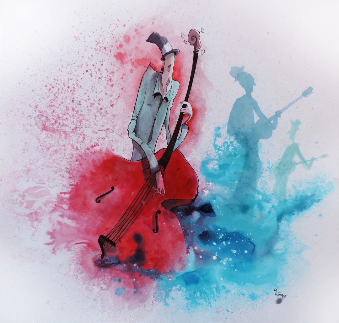 Acrylic Paint and Ink Red and Blue. Pencil Drawing Soulful Jazz Bassist