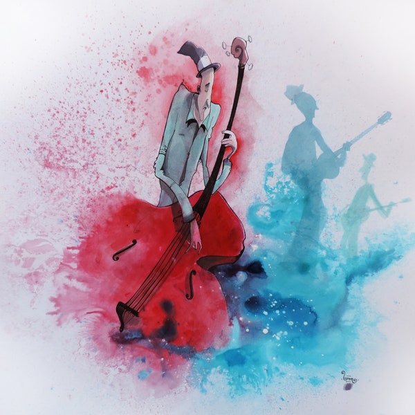 Peinture à l'acrylique et encre rouge et bleue. Dessin au crayon - Musicien contrebassiste mélancolique de Jazz qui joue de la contrebasse.