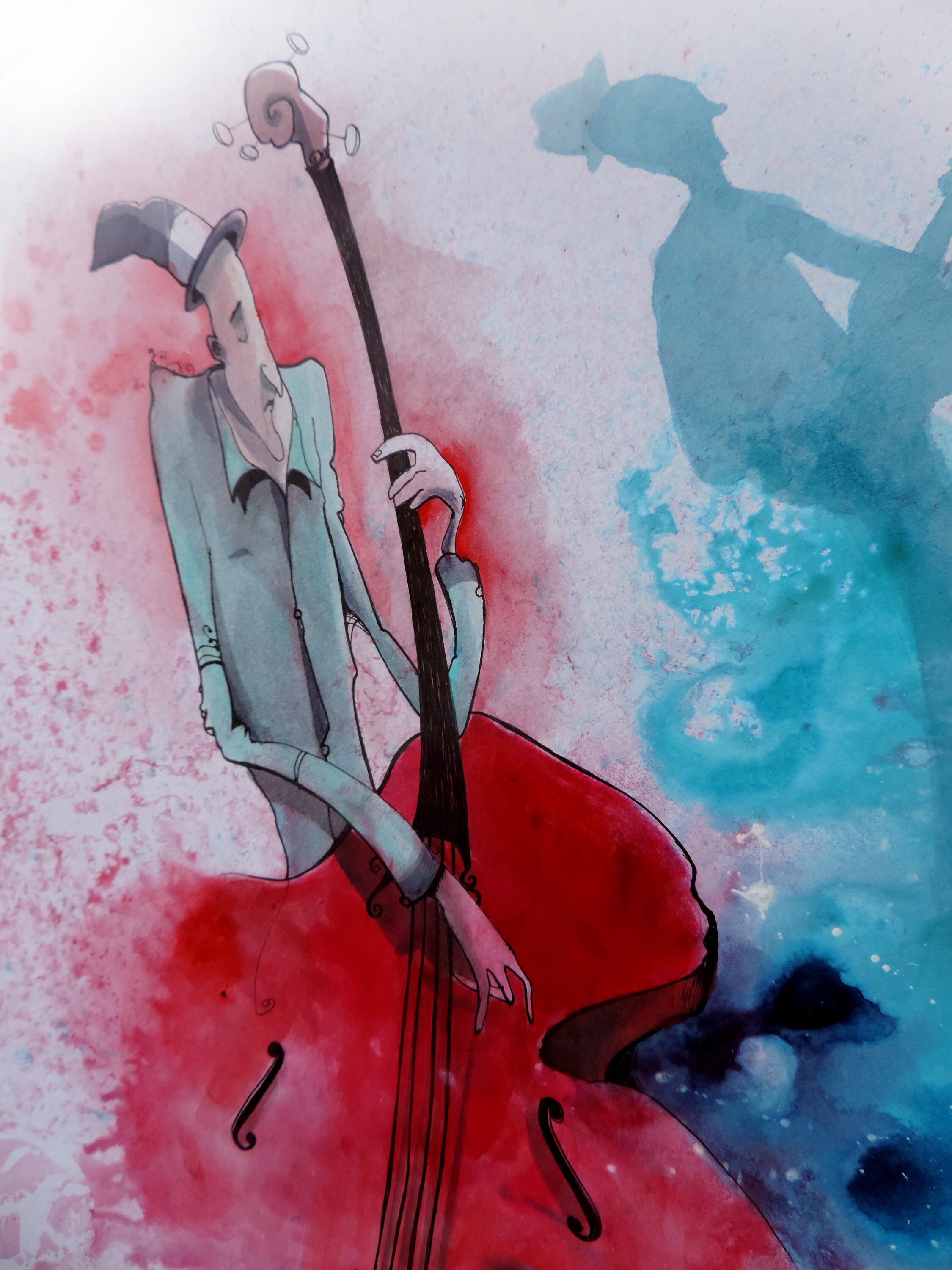 Acrylic Paint and Ink Red and Blue. Pencil Drawing Soulful Jazz Bassist