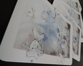 Cartes postales -  images issues du projet de livre "Poissons volent" - Famile de poissons fous