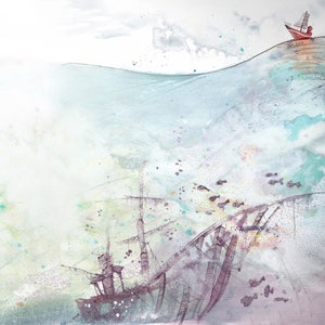 Illustration printing drawing, watercolor, ink Print watercolor A4 format The boat and the sea image 2