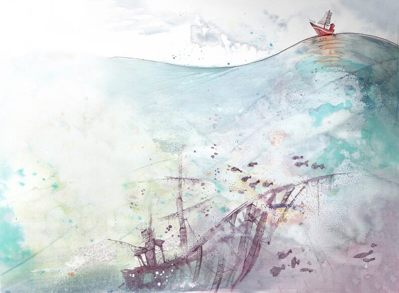 Illustration printing drawing, watercolor, ink Print watercolor A4 format The boat and the sea image 2