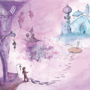 Impression d'illustration dessin, aquarelle et encre format A4 Le monde imaginaire violet de Martin face au château bleu turquoise image 2