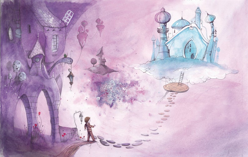 Impression d'illustration dessin, aquarelle et encre format A4 Le monde imaginaire violet de Martin face au château bleu turquoise image 2