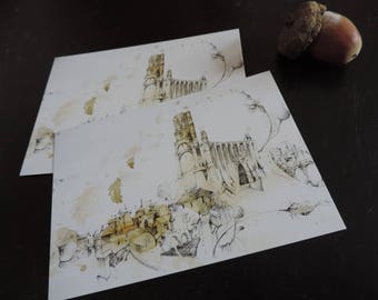 Cartes postales. Petite image, illustration de la cathédrale de la ville d'Albi paisible, à l'automne, avec feuilles mortes sepia.