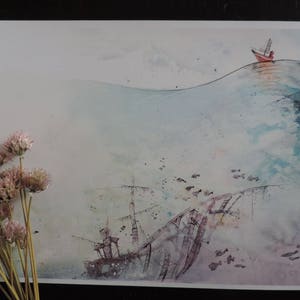 Illustration printing drawing, watercolor, ink Print watercolor A4 format The boat and the sea image 3