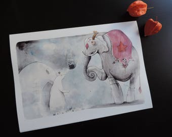 (Drawing, watercolor and ink) illustration print - A4 size - an elephant and bear escaped Circus on the ice.