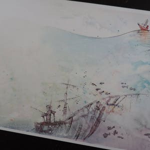 Illustration printing drawing, watercolor, ink Print watercolor A4 format The boat and the sea image 1