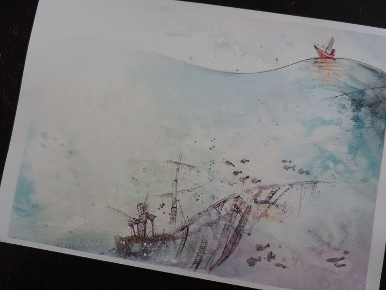 Illustration printing drawing, watercolor, ink Print watercolor A4 format The boat and the sea image 1