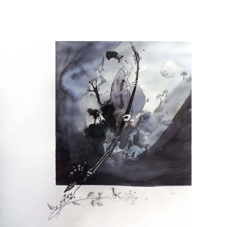 Peinture noir et blanc, à l'aquarelle et encre de Chine. Illustration d'un musicien contrebassiste mélancolique et d'une branche d'arbre. image 1
