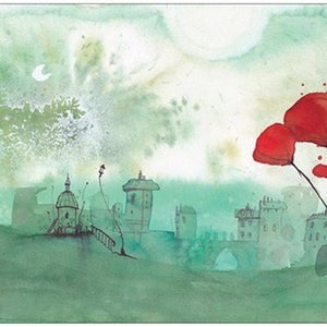 Grande carte postale. Image peinture à l'aquarelle d'une illustration d'un paysage vert, avec une ville verte, et de gros coquelicots rouges