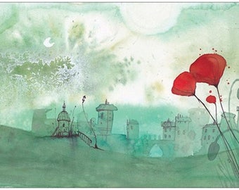 Geweldige ansichtkaart. Aquarel schilderij afbeelding van een illustratie van een groen landschap, met een groene stad, en grote rode klaprozen