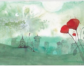 Grande carte postale. Image peinture à l'aquarelle d'une illustration d'un paysage vert, avec une ville verte, et de gros coquelicots rouges